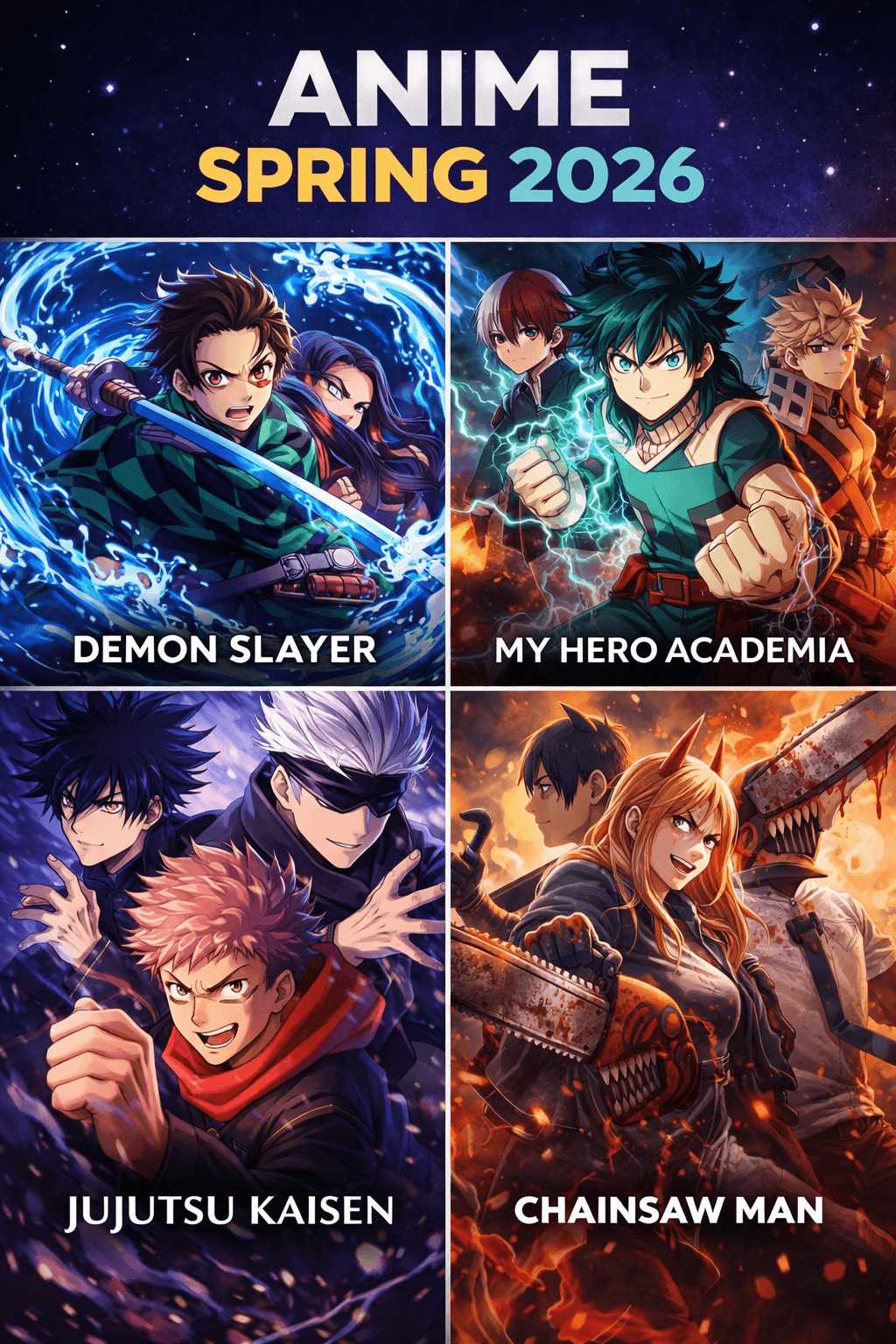 Spring 2026 top-tier anime series: mix of shonen action, fantasy adventure, and character-driven narratives