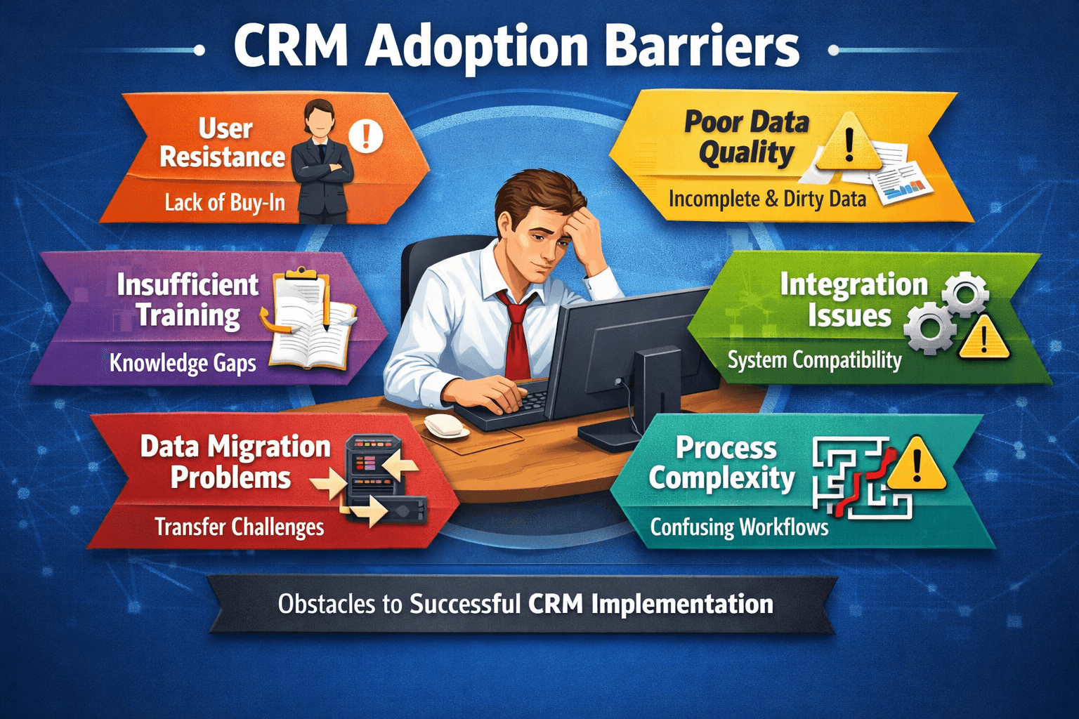 Top barriers to CRM adoption: complexity, low perceived ROI, and lack of executive buy-in.