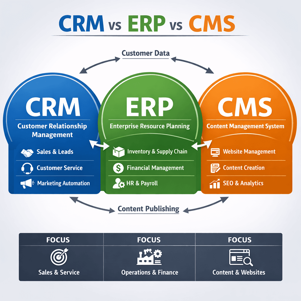 CRM focuses on front‑office customer interactions; ERP handles back‑office operations; CMS manages digital content.
