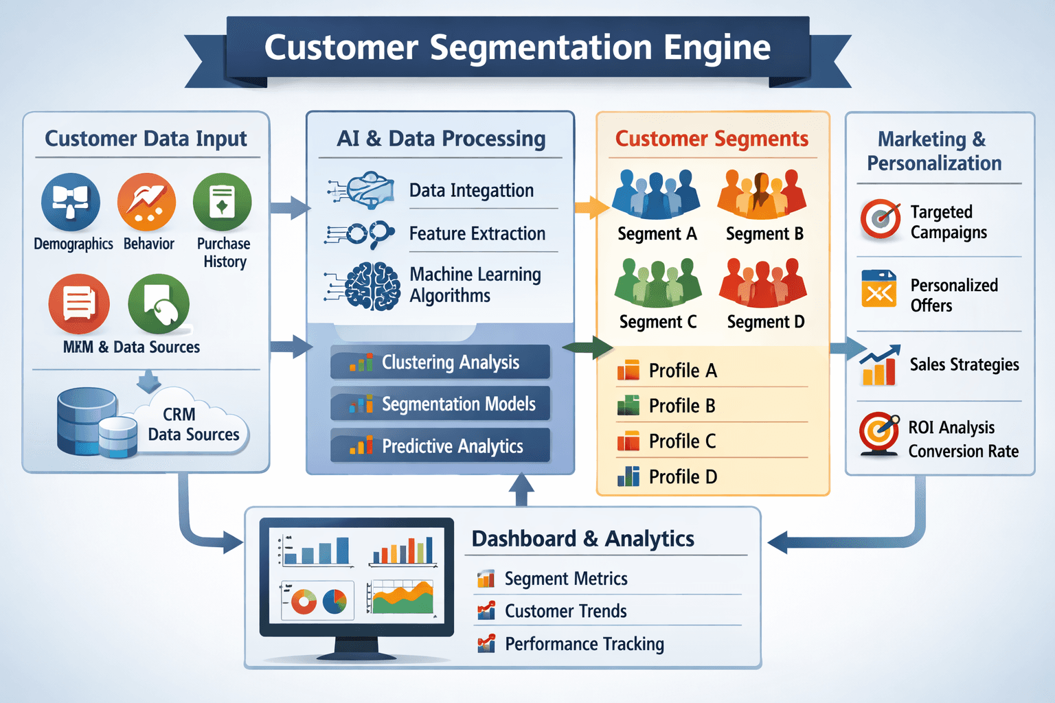 Dynamic segmentation engine grouping customers by real-time behavioral data.