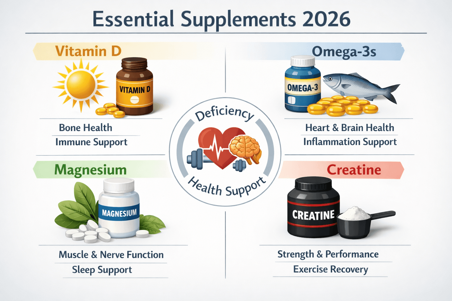 Essential supplements 2026: Vitamin D, omega-3s, magnesium, and creatine have the strongest evidence—addressing common deficiencies and supporting multiple health outcomes.