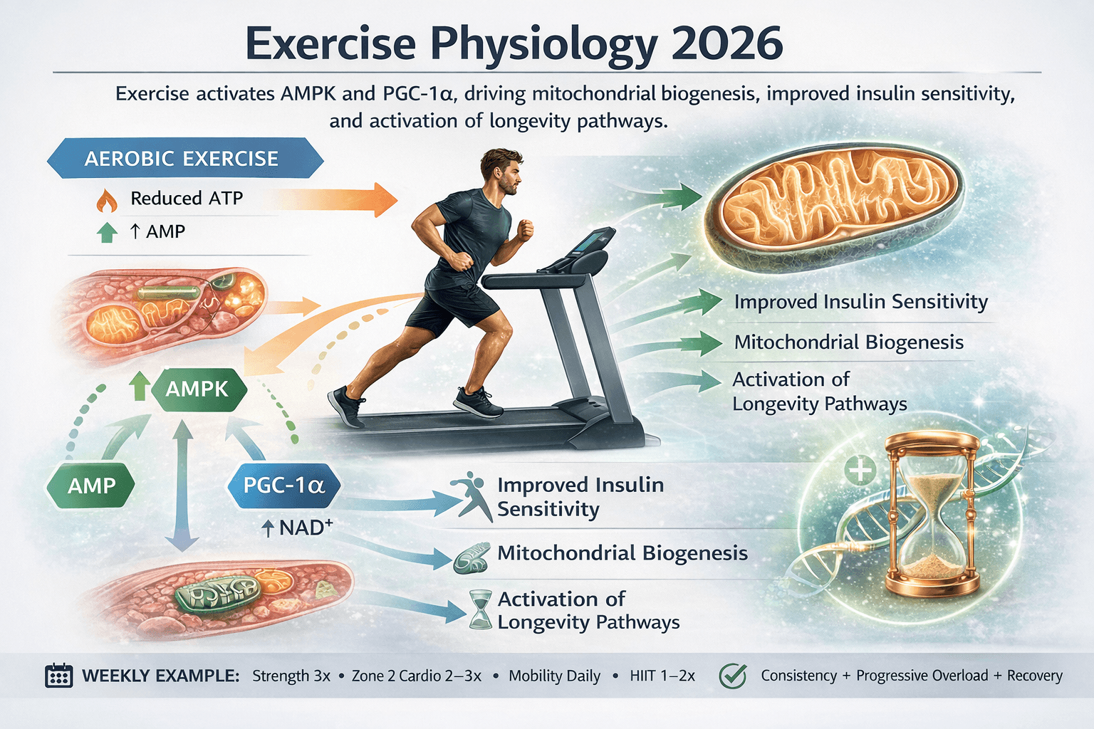 Exercise physiology 2026: Exercise activates AMPK and PGC-1α, driving mitochondrial biogenesis, improved insulin sensitivity, and activation of longevity pathways.