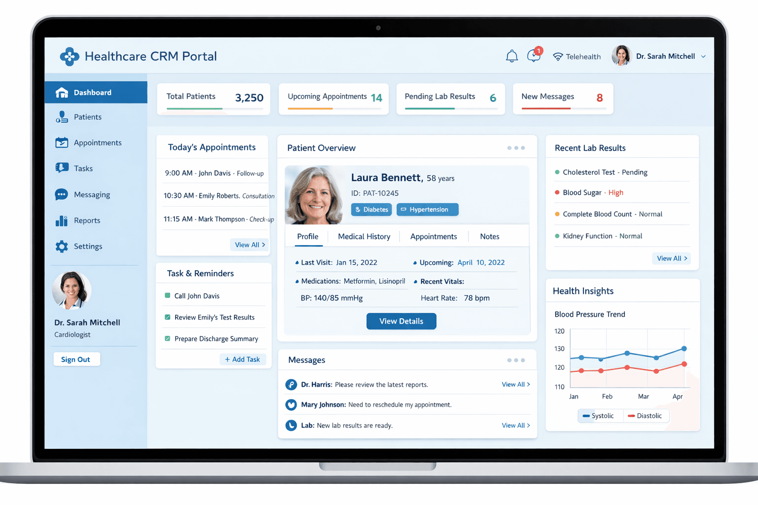 Healthcare CRM patient portal: appointment scheduling, medication reminders, and secure messaging.