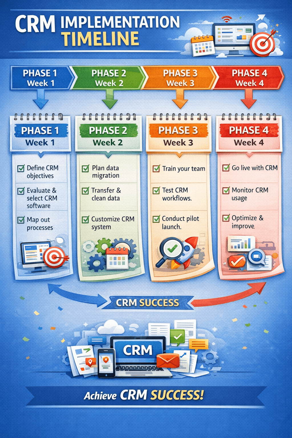 Sample CRM implementation timeline: plan, configure, test, train, launch, iterate.