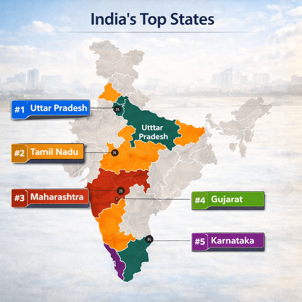Map showing India's top 5 states by area, GDP, and population distribution.