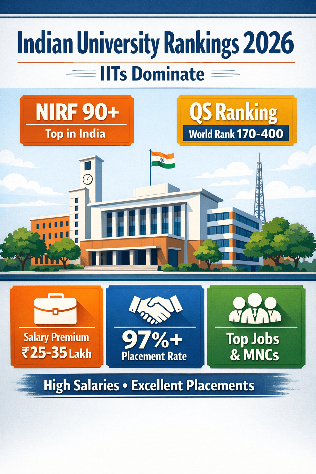 Indian university rankings 2026: IITs dominate (NIRF 90+, QS 170-400 world), salary premium ₹25-35L, 97%+ placement