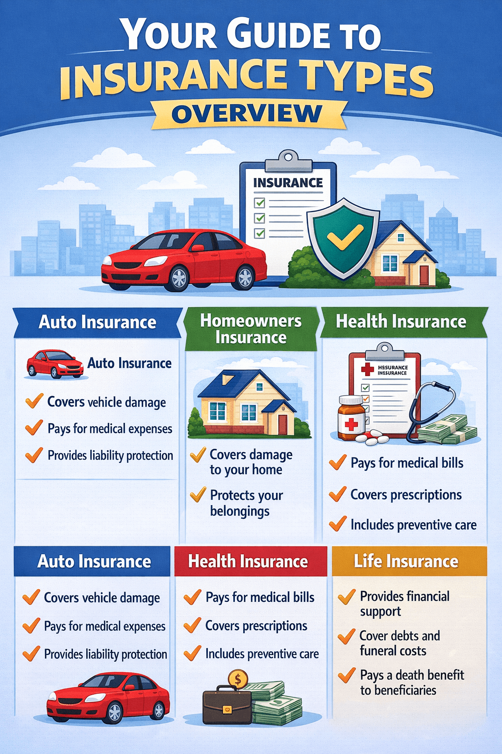 Overview of major insurance types and their primary protection areas.