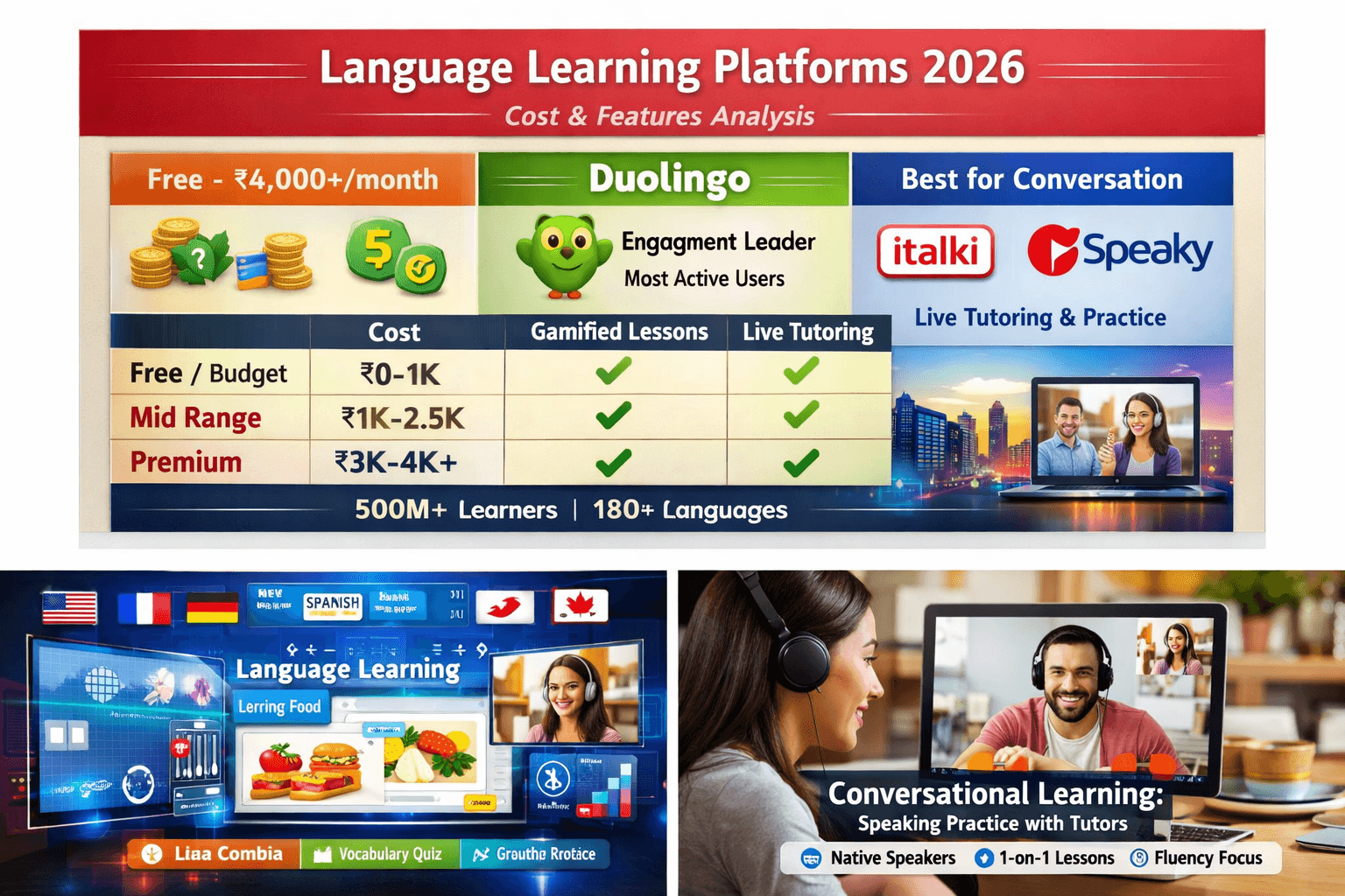 Language learning platforms 2026: Free to ₹4,000+/month, Duolingo dominates engagement, Italki/Speaky best for conversation