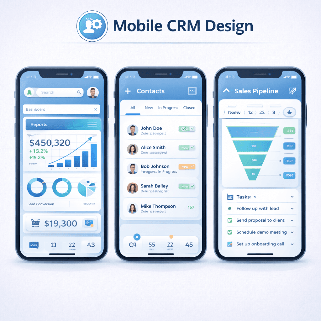 Mobile CRM design: bottom action bar, simplified record view, and offline sync indicator.