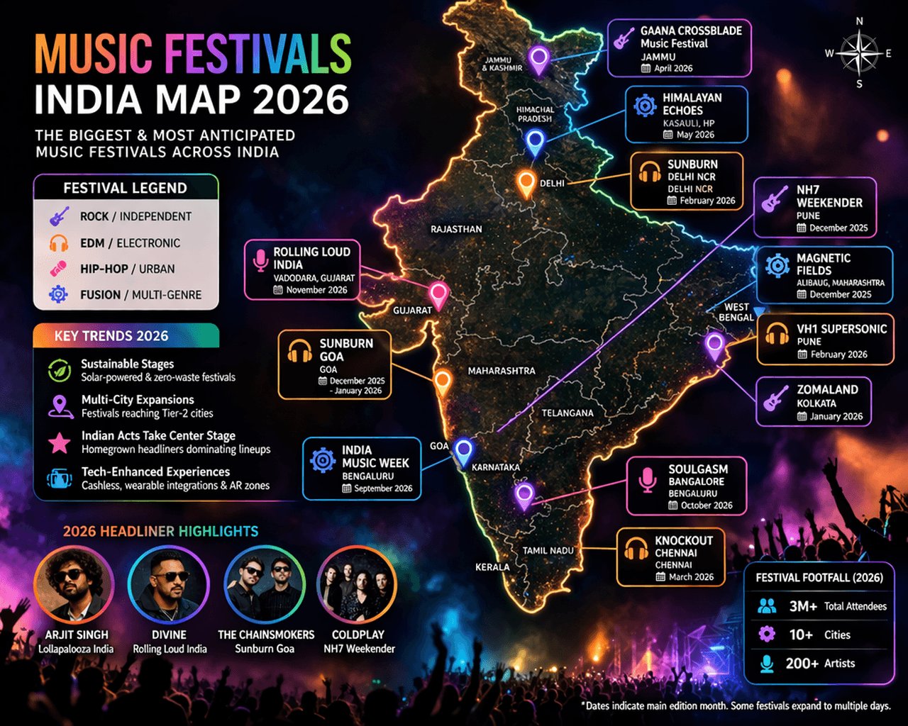 Map of major music festivals across India 2026: concentrated in metros (Mumbai, Delhi, Bengaluru) and destination festivals (Goa, Jaipur, Jodhpur)