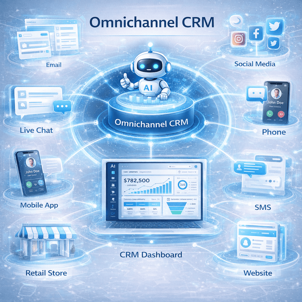 Omnichannel CRM: unified customer view across web, mobile, chat, email, social, and in‑store.
