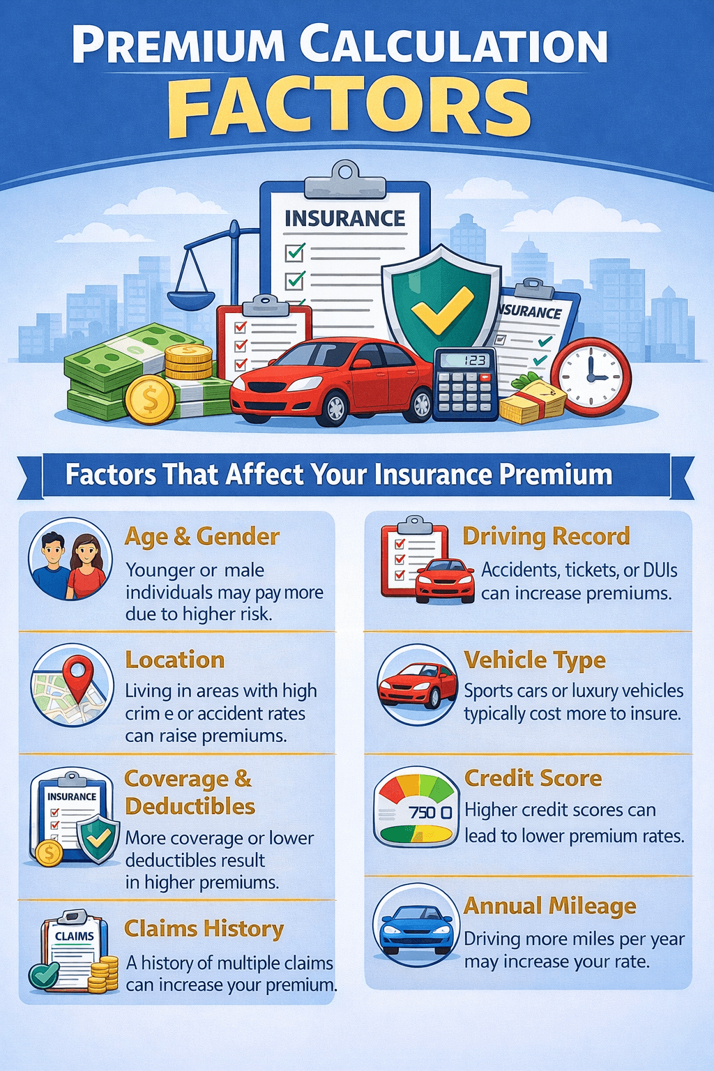Factors influencing insurance premium: age, health, coverage amount, and risk profile.