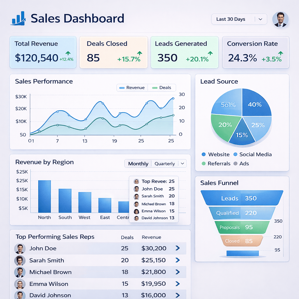 A high-performance sales dashboard featuring pipeline velocity and rep leaderboards.