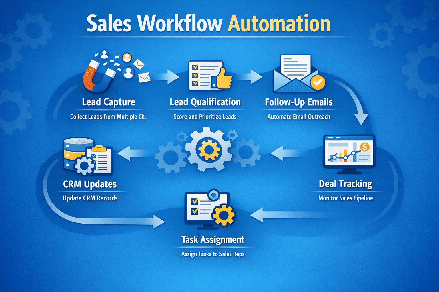 A typical automated sales workflow: lead capture → assignment → follow‑up sequence → deal closure.