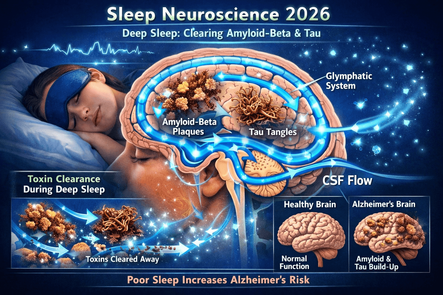 Sleep neuroscience 2026: The glymphatic system clears amyloid-beta and tau during deep sleep, linking sleep quality directly to Alzheimer's risk.