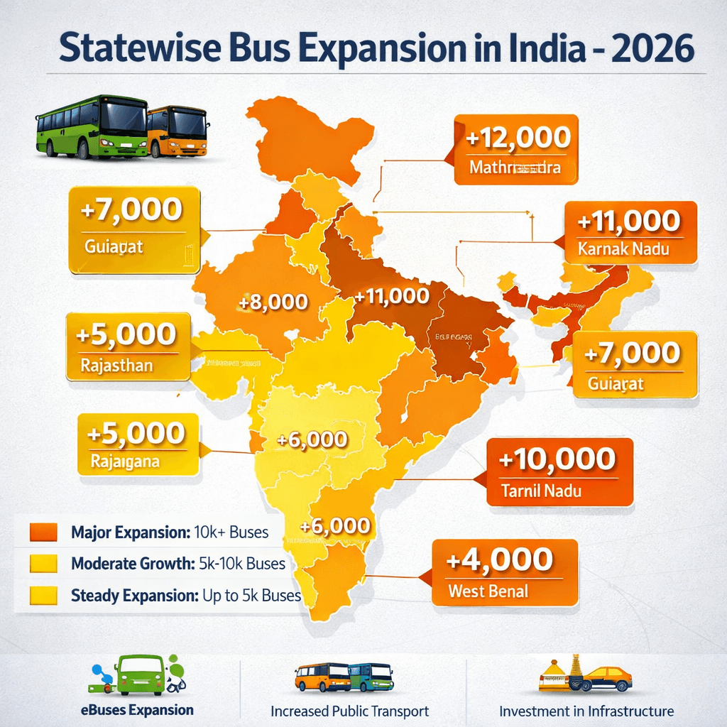 State-wise public bus fleet expansion across India in 2026 (visual representation).