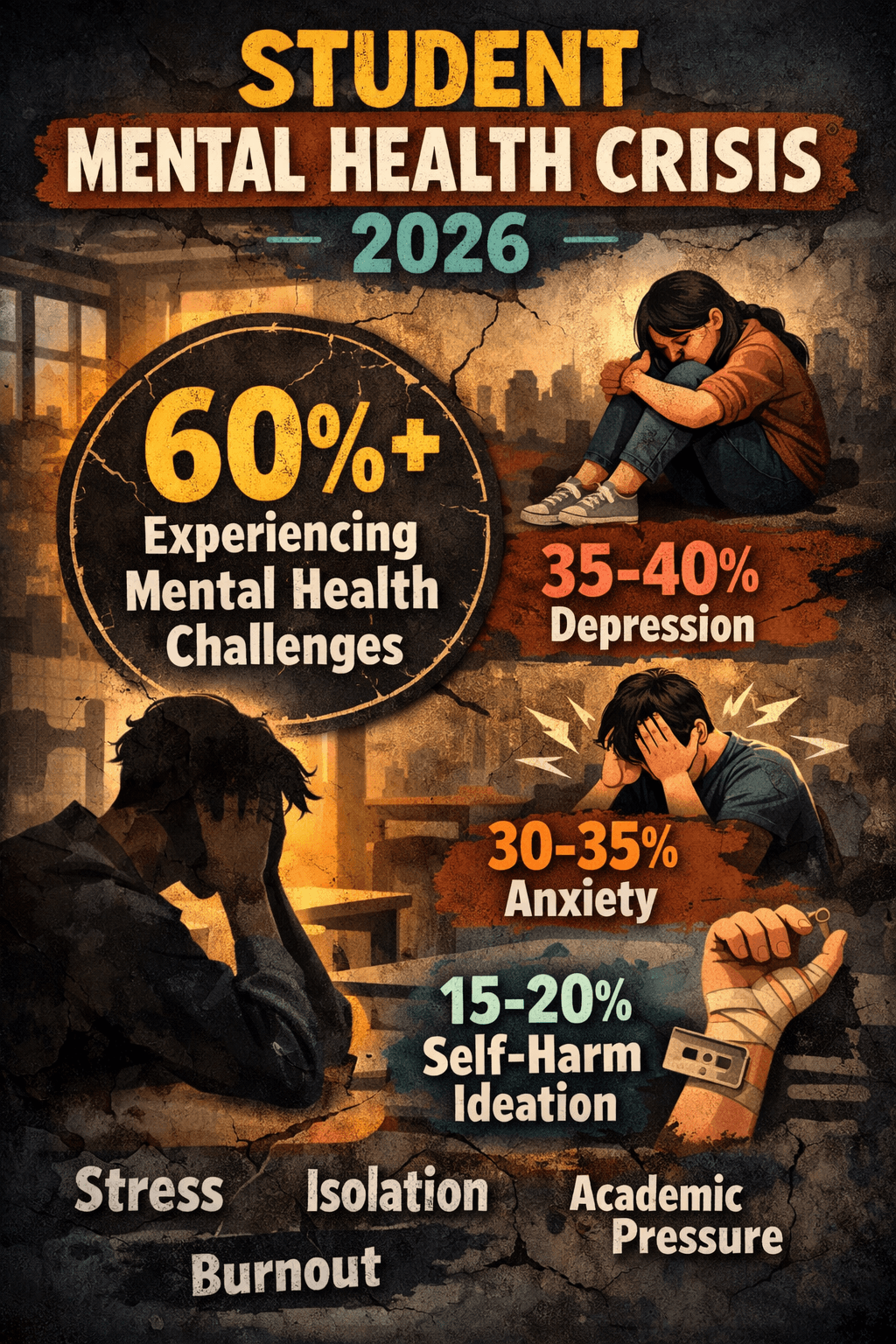 Student mental health crisis 2026: 60%+ experiencing challenges, 35-40% depression, 30-35% anxiety, 15-20% self-harm ideation