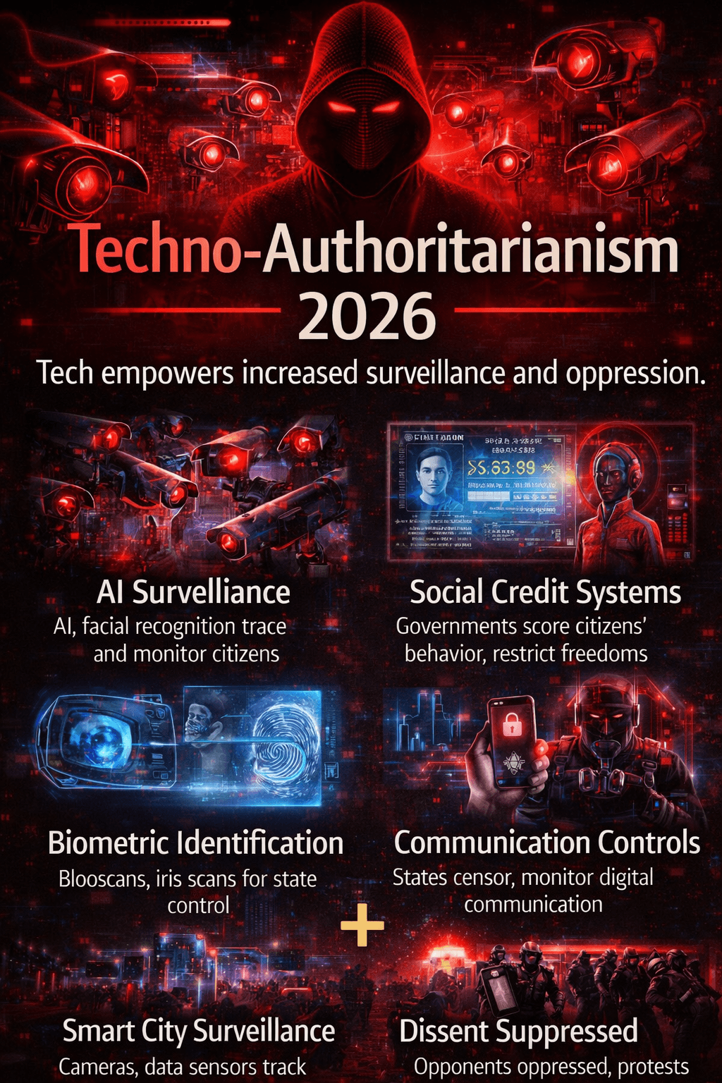 Techno-authoritarian regimes combine surveillance AI, digital identity systems, and algorithmic propaganda to consolidate power while delivering efficiency.