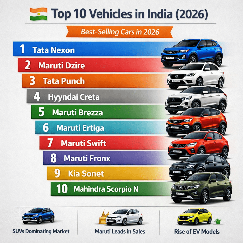 Sales volume comparison of top 10 passenger vehicles in India, January 2026.