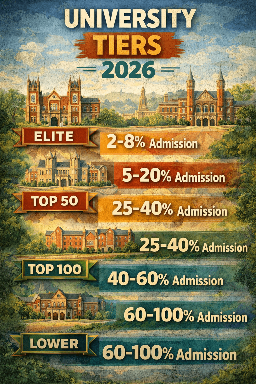 University tiers 2026: Elite (2-8% admission), Top 50 (5-20%), Top 100 (25-40%), Top 200 (40-60%), Lower (60-100%)