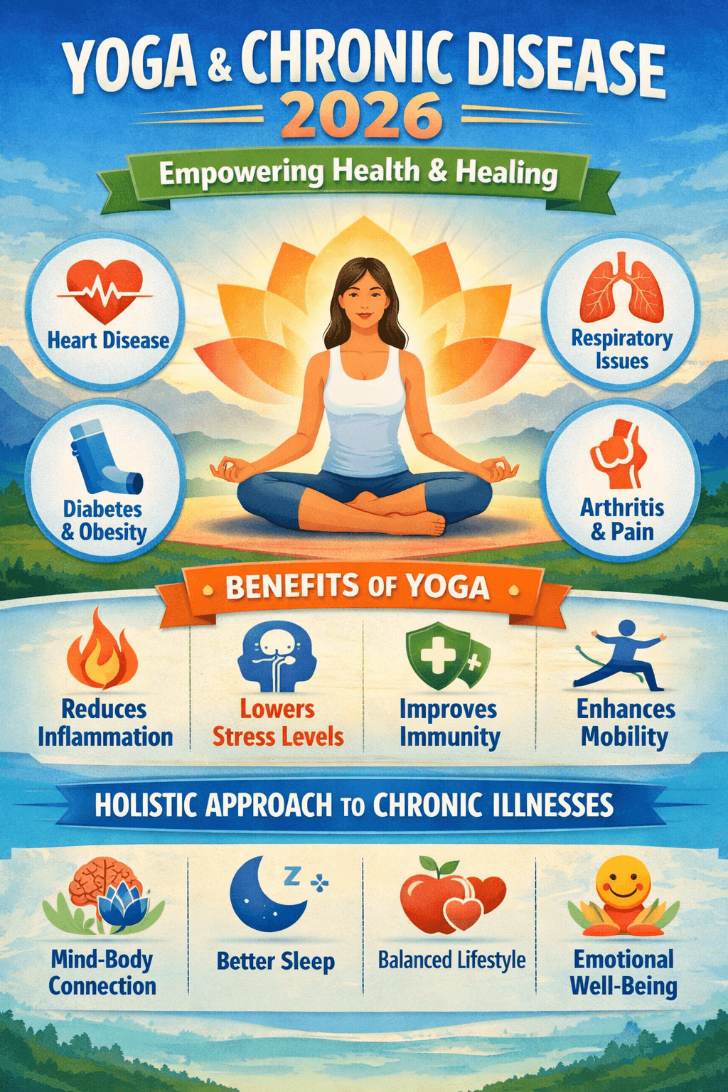 Yoga for chronic disease 2026: Strong evidence supports yoga for low back pain (30-50% reduction), anxiety (0.5-0.7 effect size), and cancer survivorship (30-50% fatigue reduction).